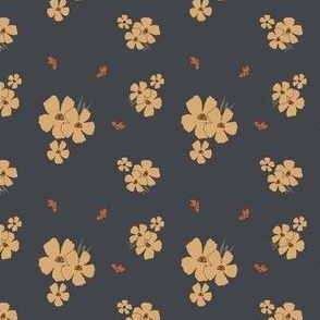 Mustard Yellow Floral on Midnight Indigo Blue Fabric- Wallpaper- girls