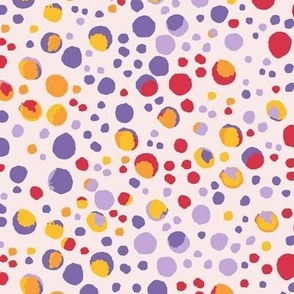 404 - Medium scale  rainbow-style watercolor wonky organic shape polka dot spots for kids apparel in red, yellow and purple - for children's apparel;, kids clothes, bed linen, cute wallpaper, napkins, placemats and table runners