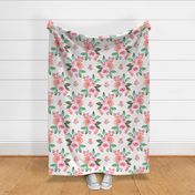 403 - Large scale vintage multicolor floral bouquet with pink roses, purple violets and pink cherry blossom - for wallpaper, bed linen, sheets, duvet covers, table cloths and runners - on a warm white background