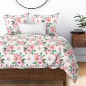 403 - Large scale vintage multicolor floral bouquet with pink roses, purple violets and pink cherry blossom - for wallpaper, bed linen, sheets, duvet covers, table cloths and runners - on a warm white background