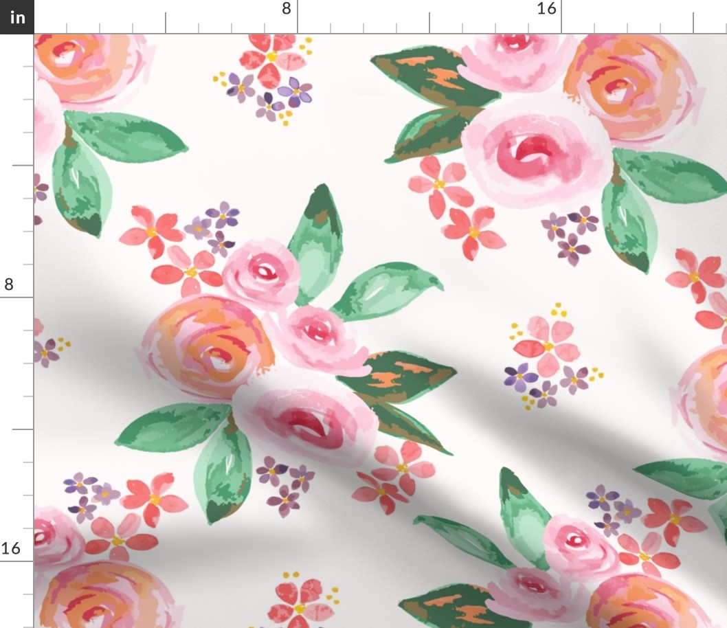 403 - Large scale vintage multicolor floral bouquet with pink roses, purple violets and pink cherry blossom - for wallpaper, bed linen, sheets, duvet covers, table cloths and runners - on a warm white background