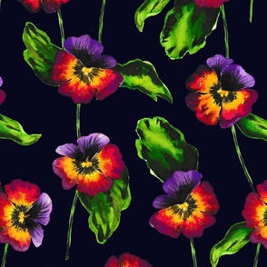 Watercolor Pansy Large on Navy Background