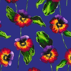 Watercolor Pansy Large on Slate Blue Background