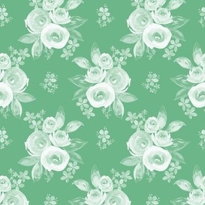 403 - Small scale Large scale emerald green monochromatic vintage watercolor floral bouquet with roses, violets and cherry blossom - for wallpaper, bed linen, sheets, duvet covers, table cloths and runners.