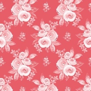 403 - Small scale  coral pink red monochromatic watercolor floral bouquet with roses, vintage violets and cherry blossom - for wallpaper, bed linen, sheets, duvet covers, table cloths and runners.