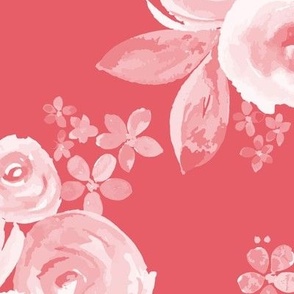 403 - Large scale coral pink red monochromatic watercolor floral bouquet with roses, violets and vintage cherry blossom - for wallpaper, bed linen, sheets, duvet covers, table cloths and runners.