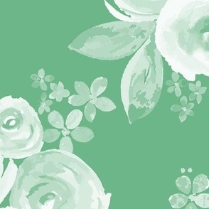 403 - Large scale emerald green monochromatic watercolor floral bouquet with roses, violets and cherry blossom - for wallpaper, bed linen, sheets, duvet covers, table cloths and runners.