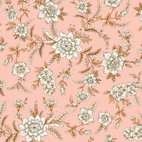 Boho Floral Dusty Pink and White Chintz, Coral Background