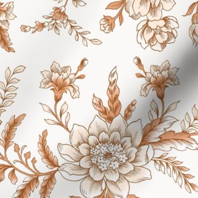 Boho Floral Brown and White Chintz, White Background