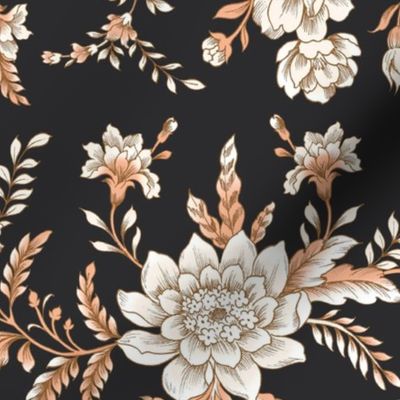 Boho Floral Black and White Chintz, Charcoal Background