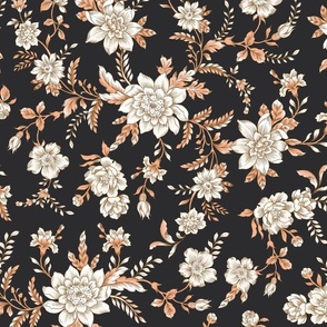 Boho Floral Black and White Chintz, Charcoal Background