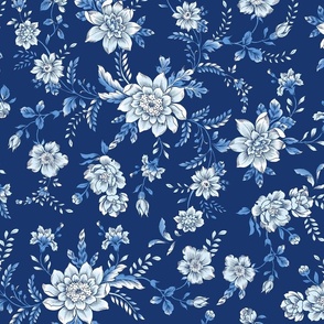 Boho Floral Blue and White Chintz, Navy Background