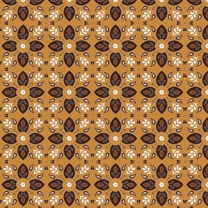 (M) flower tiles Greek style earth tones on goldenrod yellow