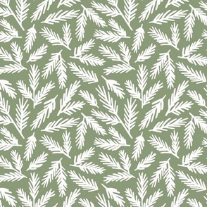 Hand-drawn pine leaves on olive green background 