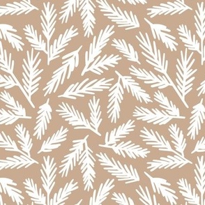 Hand-drawn pine leaves on light brown background 