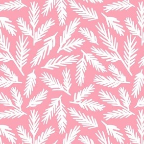 Hand-drawn pine leaves on pink background 
