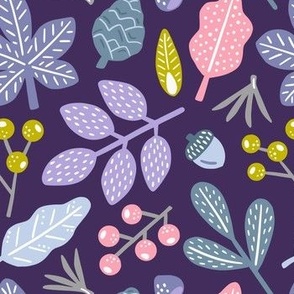 Winter leaves and fruits on dark blue background - blue, pink, purple, yellow 