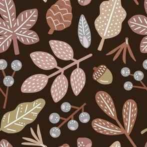 Winter leaves and fruits on  dark background - mauve, taupe and brown