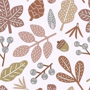 Winter leaves and fruits on  light background - mauve, taupe and brown