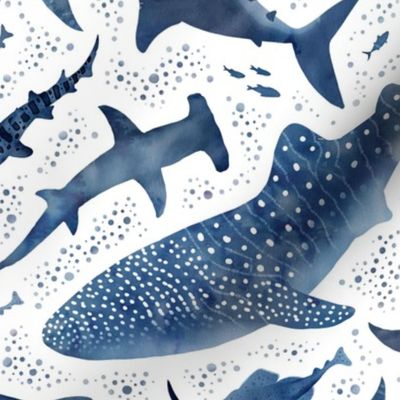 Monochrome blue watercolour shark ocean
