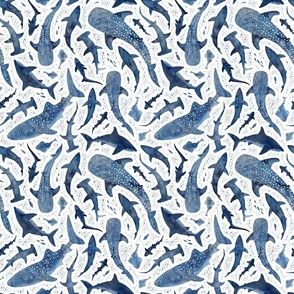 Monochrome blue watercolour shark ocean small