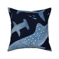 Monochrome blue watercolor shark ocean on a navy background large scale