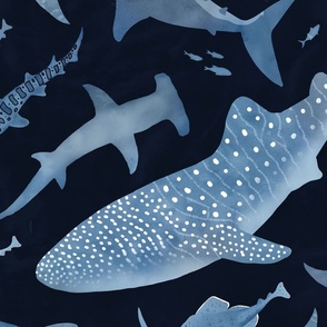 Monochrome blue watercolor shark ocean on a navy background large scale