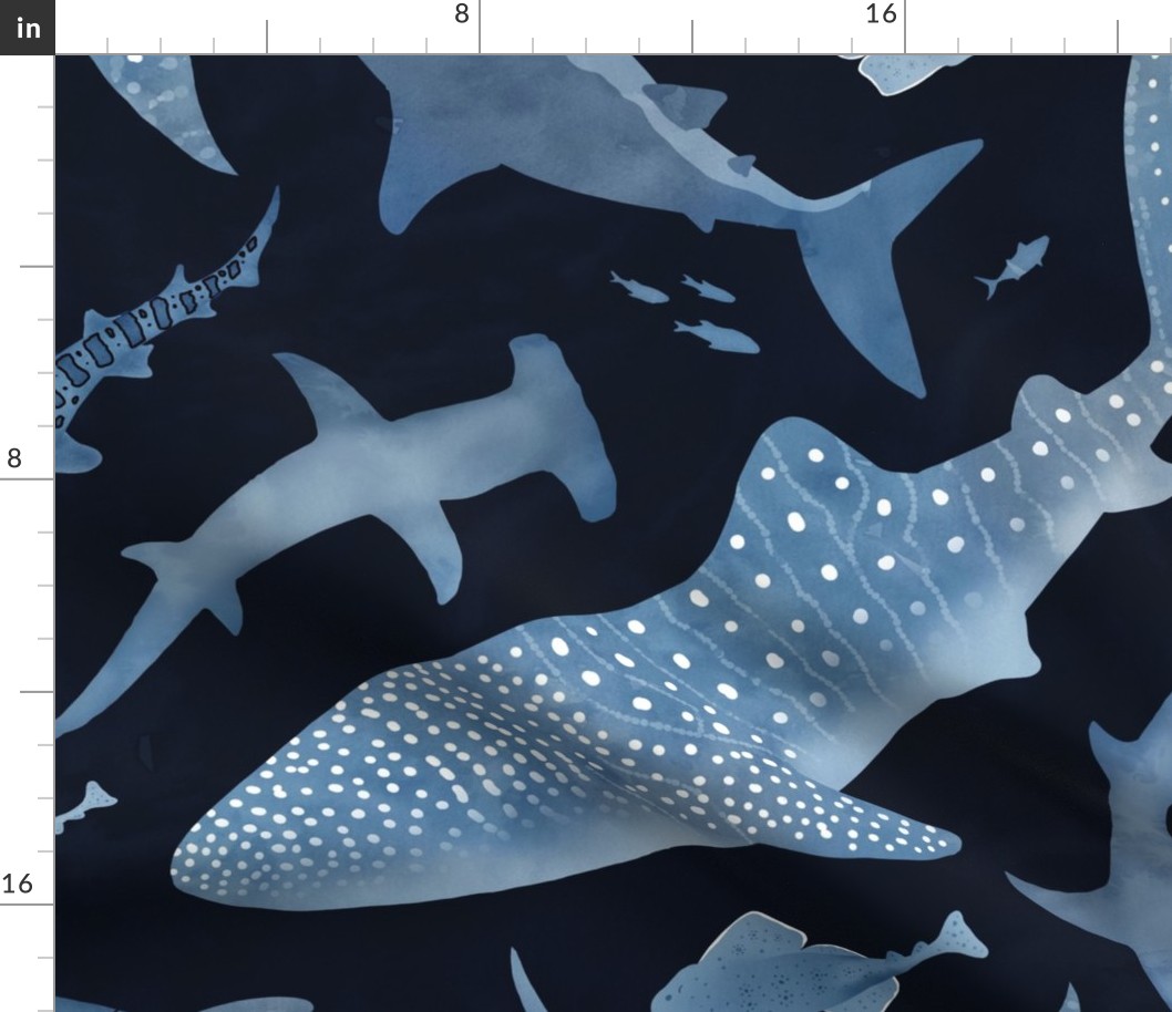 Monochrome blue watercolor shark ocean on a navy background large scale