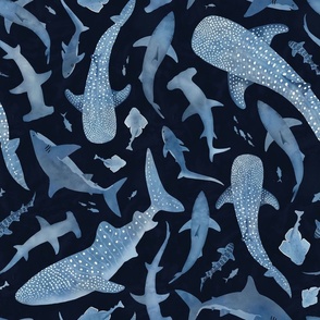 Monochrome blue watercolor shark ocean on a navy background