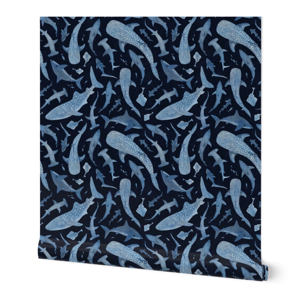Monochrome blue watercolor shark ocean on a navy background small