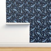 Monochrome blue watercolor shark ocean on a navy background small