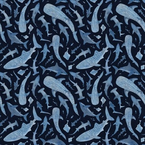 Monochrome blue watercolor shark ocean on a navy background small