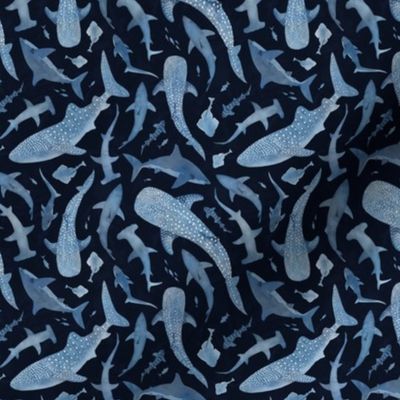 Monochrome blue watercolor shark ocean on a navy background Xsmall
