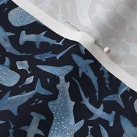 Monochrome blue watercolor shark ocean on a navy background Xsmall