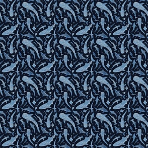 Monochrome blue watercolor shark ocean on a navy background Xsmall