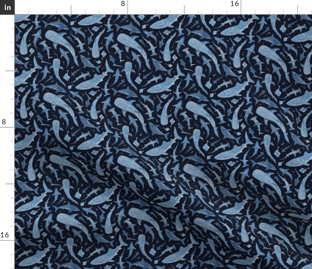 Monochrome blue watercolor shark ocean on a navy background Xsmall