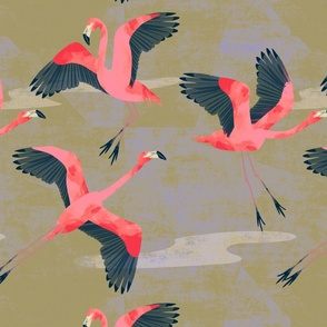 Vintage flying Flamingos olive