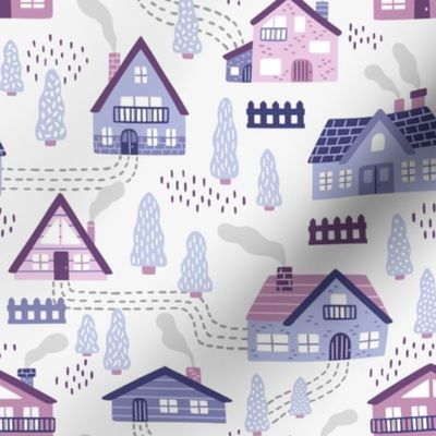 Winter houses blue and purple