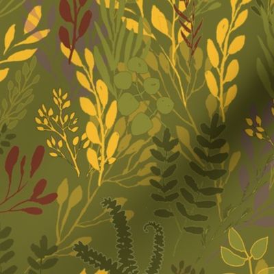 Green, Gold and Red Leaf Stems Scattered Naturalistically on Green Background 24"