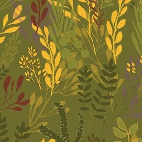 Green, Gold and Red Leaf Stems Scattered Naturalistically on Green Background 24"