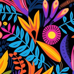 Abstract Colorful And Vibrant Floral Flower Pattern On Black Background Large