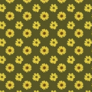 Yellow Helianthus Sunflower Polka Dot on Textured Dark Green Background 1.5"