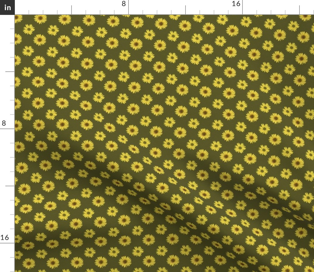 Yellow Helianthus Sunflower Polka Dot on Textured Dark Green Background 1.5"