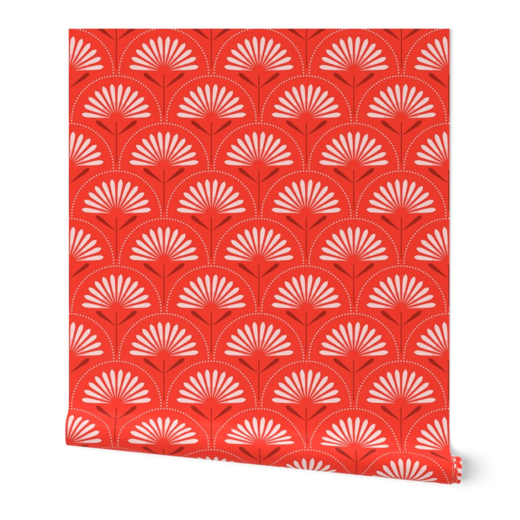 Medium scale / Christmas florals art deco on red / monochromatic bright scarlet flowers and blush pink petals crimson leaves with dots / cute blooming palm botanicals geometric mid mod garden