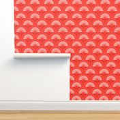 Medium scale / Christmas florals art deco on red / monochromatic bright scarlet flowers and blush pink petals crimson leaves with dots / cute blooming palm botanicals geometric mid mod garden