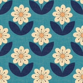 ( L ) geometric 60s retro blue daisies 