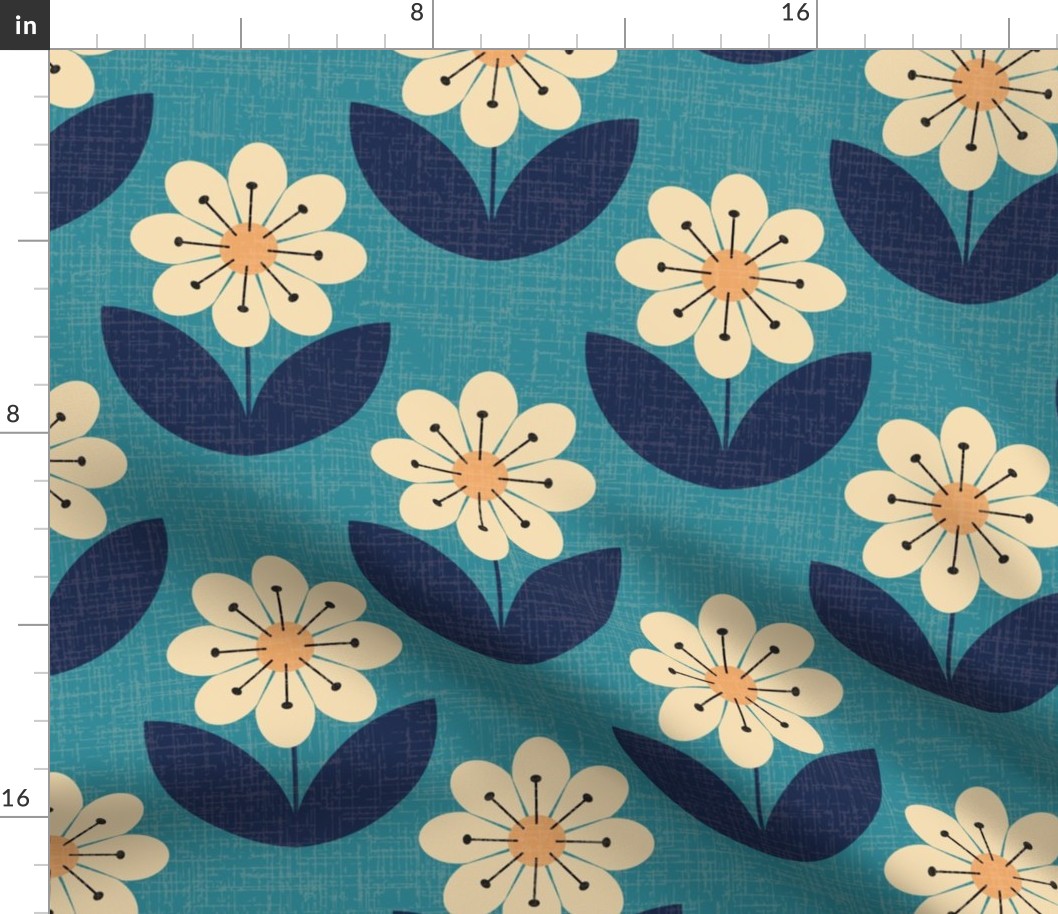 ( L ) geometric 60s retro blue daisies 