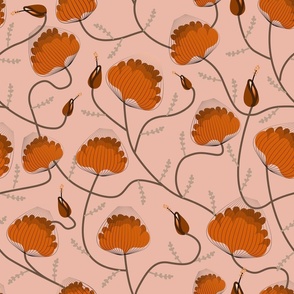 Fiery Orange Fantasy Basket Florals and leaves on fuzzy peach background BIG Scale 18in