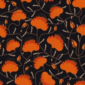 Vibrant Orange Fantasy Basket Florals and leaves on black background Medium Scale 12in