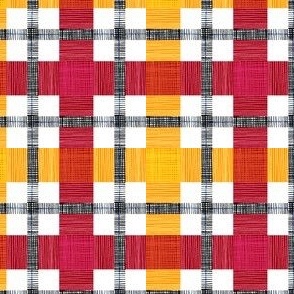 checks, hand drawn cross hatched on  white in red, yellow, blue, black